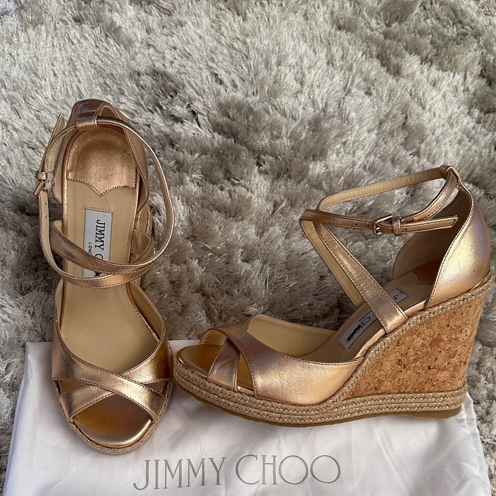 NWT Authentic Jimmy Choo Alanah 105 Metallic Rose Pink Gold Wedge Heels